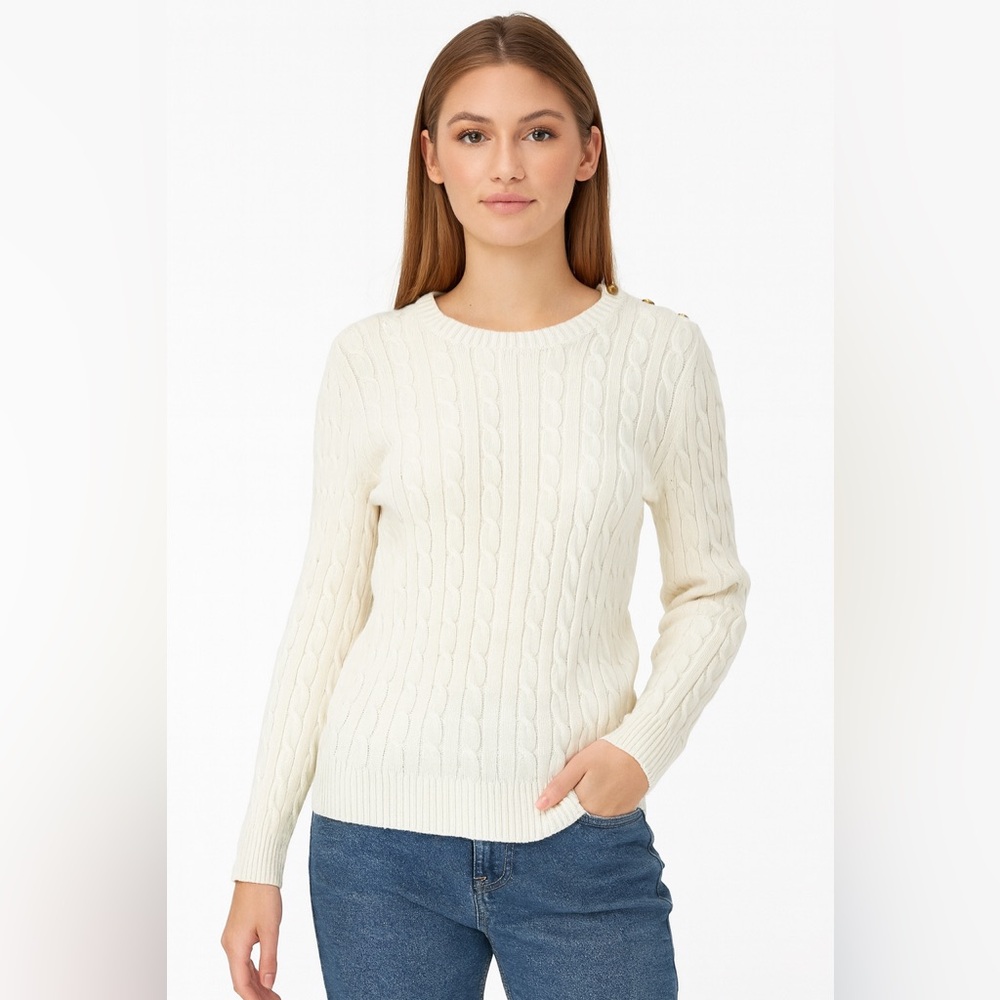 Lauren Ralph Lauren Cream Cable Knit Sweater Gold Shoulder Buttons Size 1X